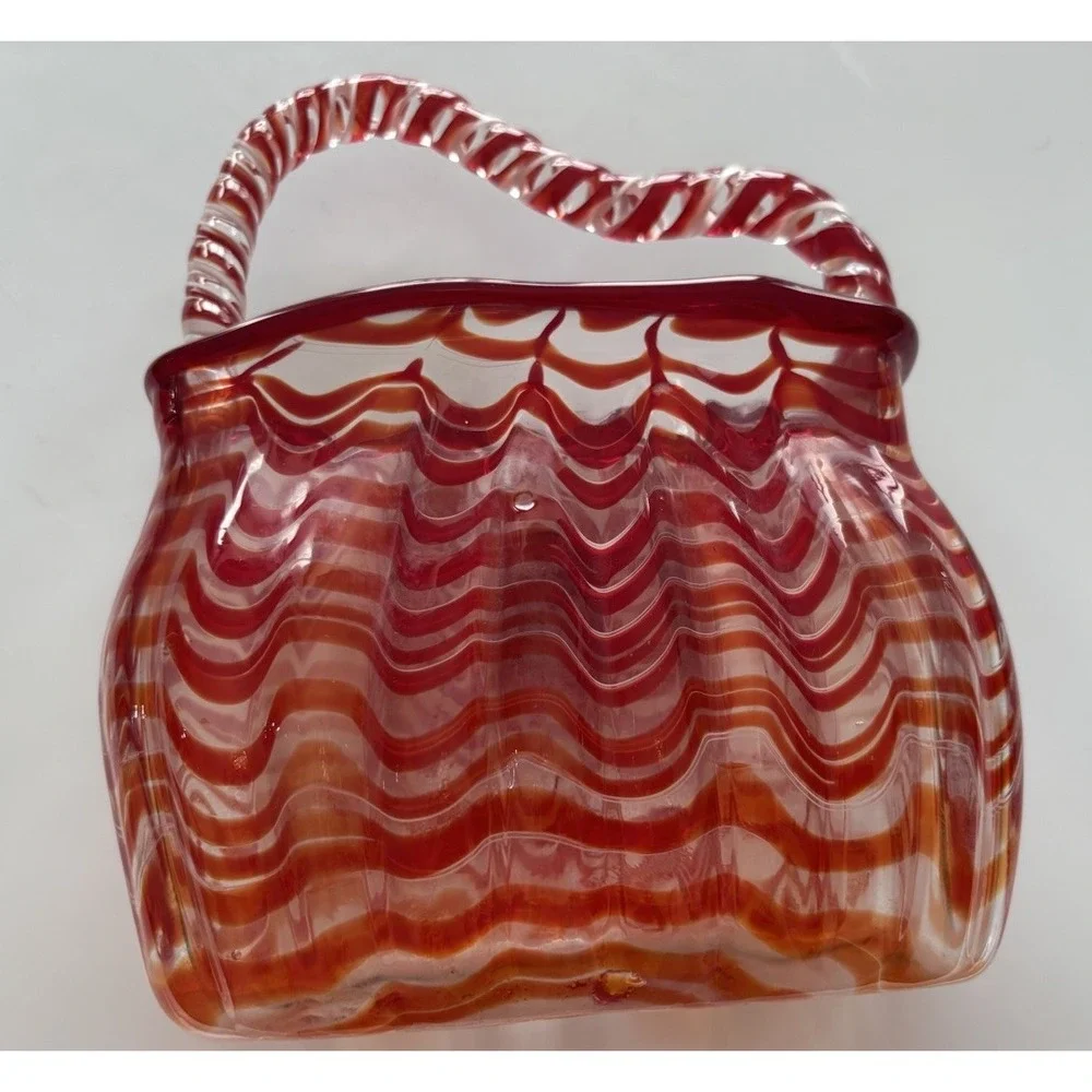 Vintage Pier 1 Hand Blown Art Glass Purse Vase Red Orange White Swirl Handbag